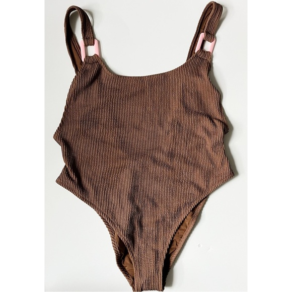 Aerie Crinkle Birthday Scoop Cheekiest One Piece Swimsuit NWT Brown Pink - Picture 1 of 10